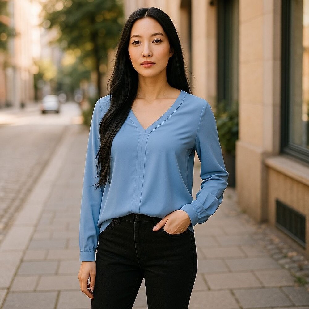 NEW J.Crew Womens Size L Top Light Blue V-Neck Long-Sleeve Summer Blouse